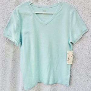 NWT Teal Blue Short Sleeve Shirt Mesh V Neck Top